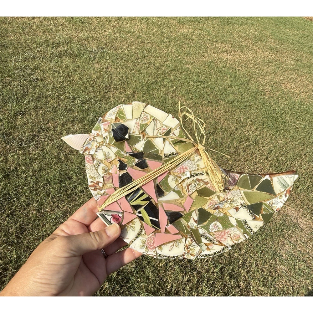 Mosaic Bird art piece Porcelain China Ceramic Raffia Straw Bow Can Pull Tab Hang